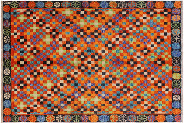 handmade Geometric Balouchi Orange Black Hand Knotted RECTANGLE 100% WOOL area rug 5' x 7'